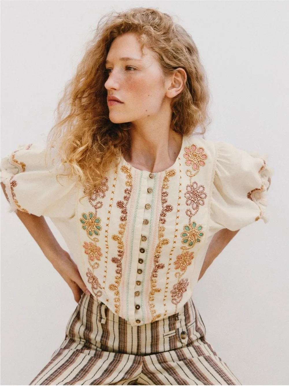 Zara White Embroidered Button-Front Crop Top with Multicolor Accents
